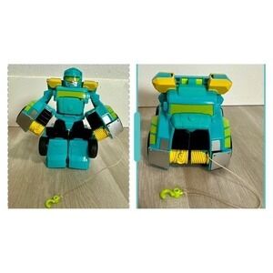 Transforming Robot Toy Teal Yellow Truck Pull String Rescue Hook Play Vehicle